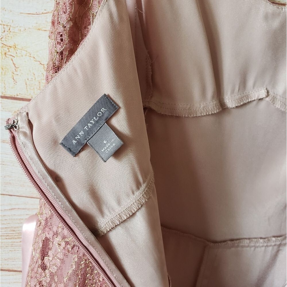 Ann Taylor Lace Metallic Ribbon Strap Dress Eyelash Lace Hem Size 6 Blush Pink - Picture 11 of 13
